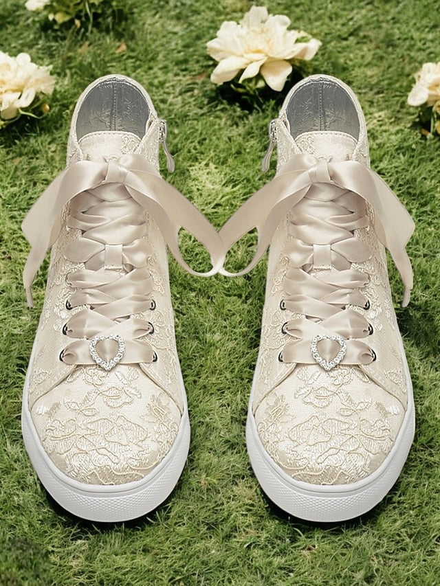 Lace Sneakers Wedding Women's Satin Laces with Ribbon Ivory