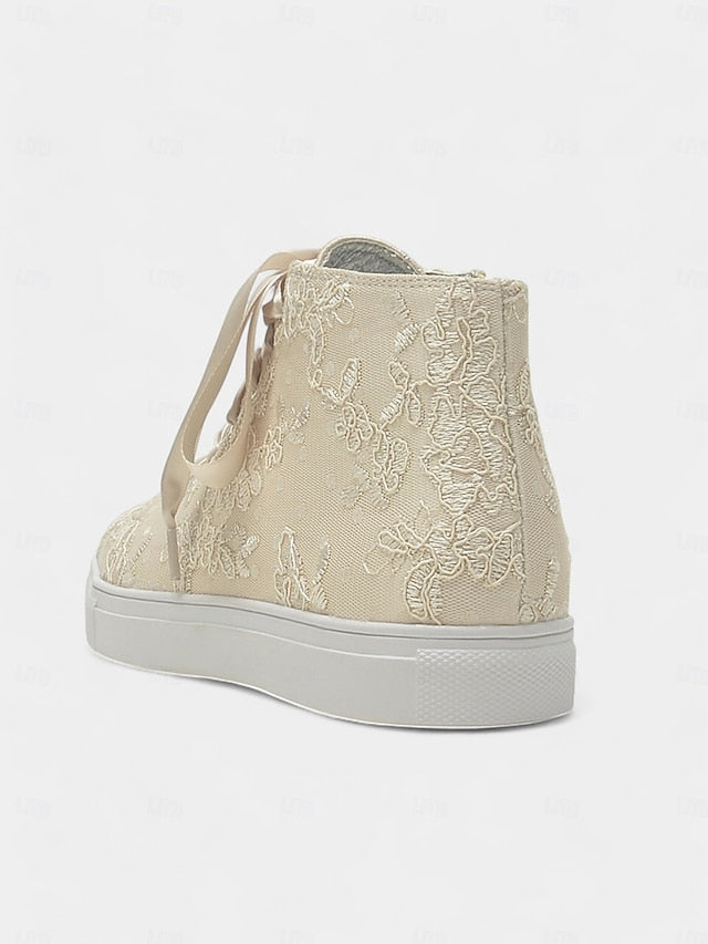 Lace Sneakers Wedding Women's Satin Laces with Ribbon Ivory