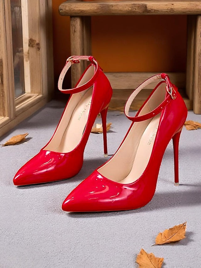 Heels Leather Patent Women's Ankle Stiletto with Black