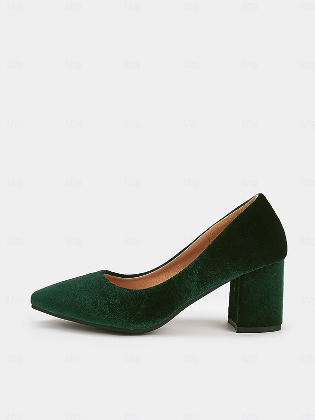 Toe Women's Green Pointed Elegant - Velvet Heel Block Pumps