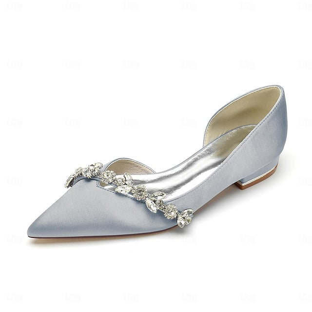 and Crystal with Satin Shoes White Toe Pointed Flat Wedding