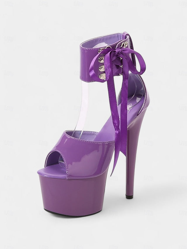 Black with Platform Lace-Up Patent Ankle Straps Sandals Leather