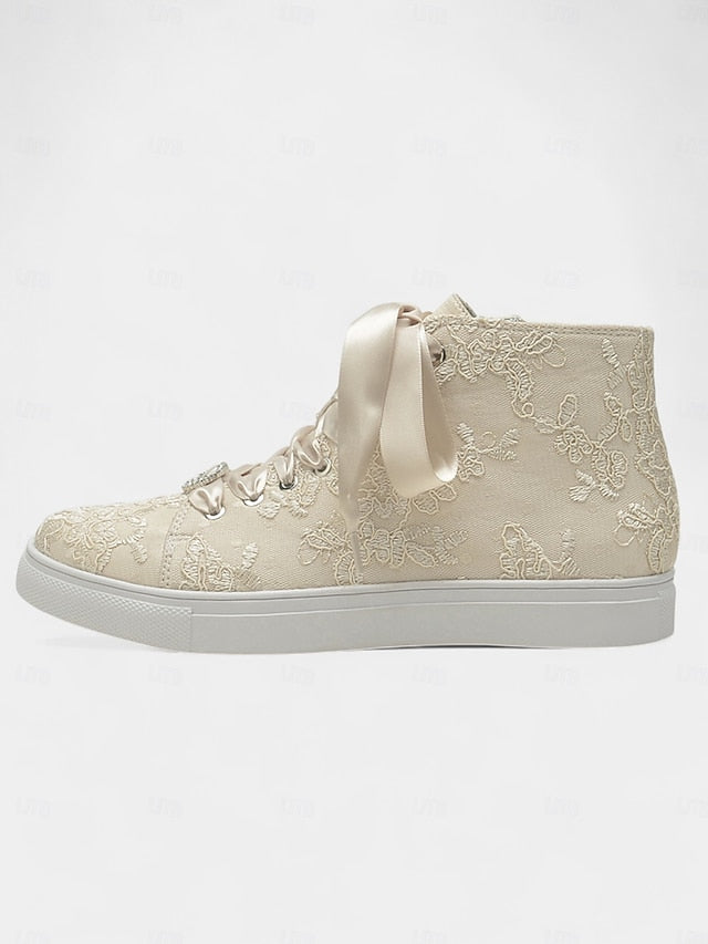 Lace Sneakers Wedding Women's Satin Laces with Ribbon Ivory
