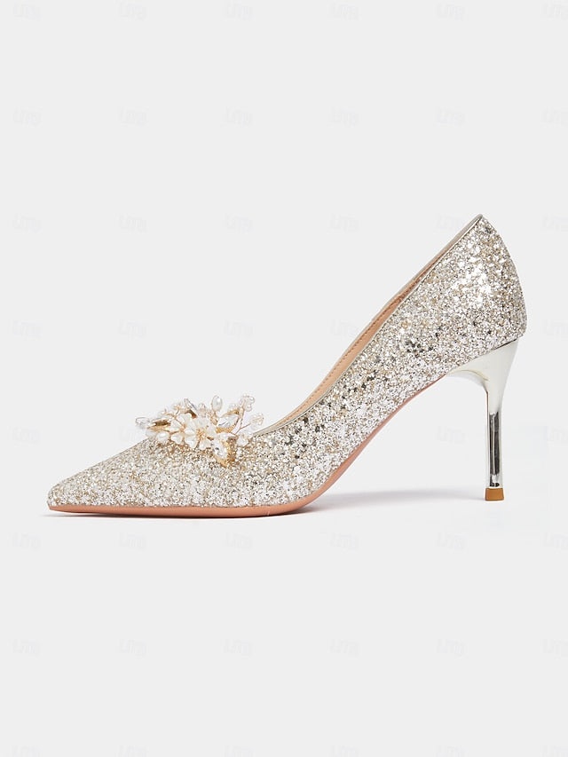 Glitter with Stiletto Silver Floral Heels Women's