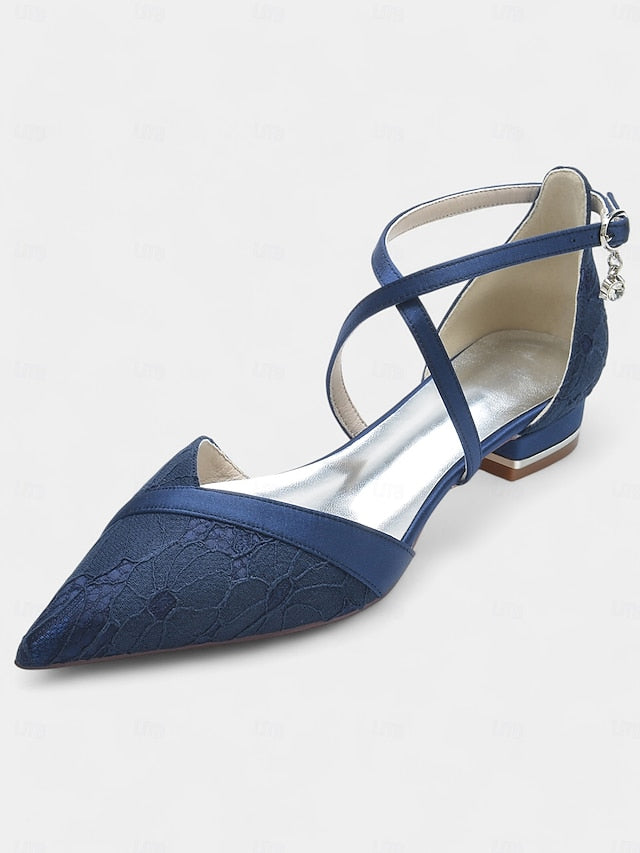 for Low Satin Cross-Strap Lace Heel Overlay Shoes Navy Blue with