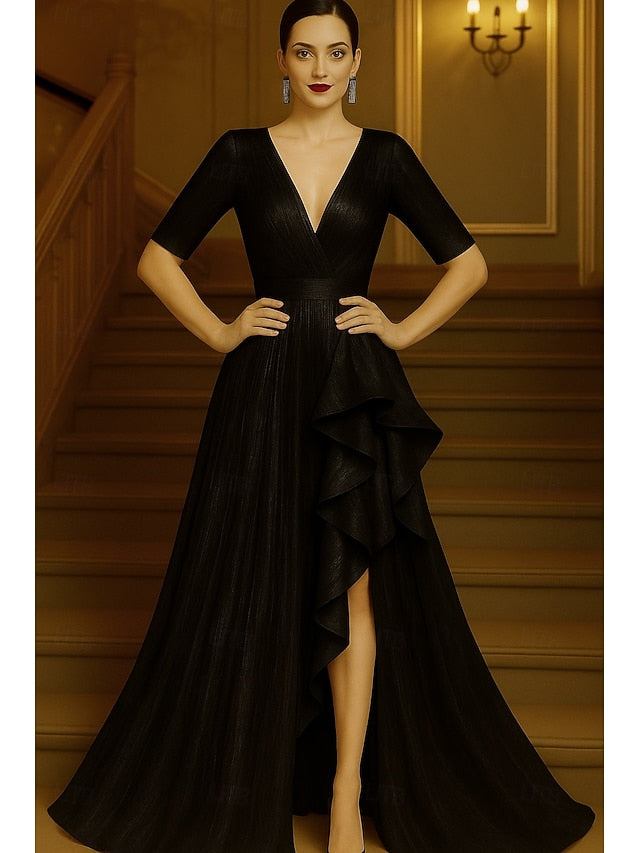 Gown Elegant Red Evening Dress Black A-Line Formal