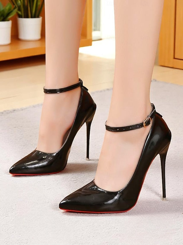 Heels Leather Patent Women's Ankle Stiletto with Black