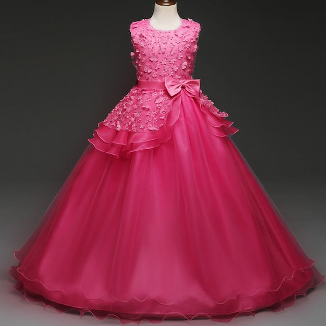 Girl Dress Kids Solid Flower Colored Girls'
