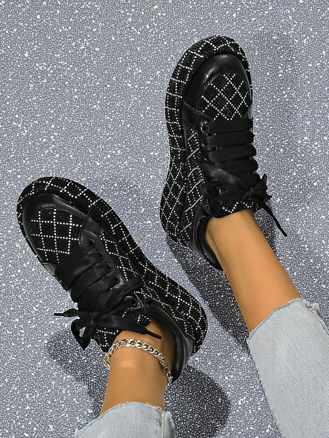 Quilted Women's Sneakers - Black Rhinestone Silver and