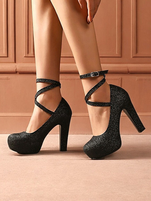 – Heels Platform with Strap Glitter Ankle Pink Women's