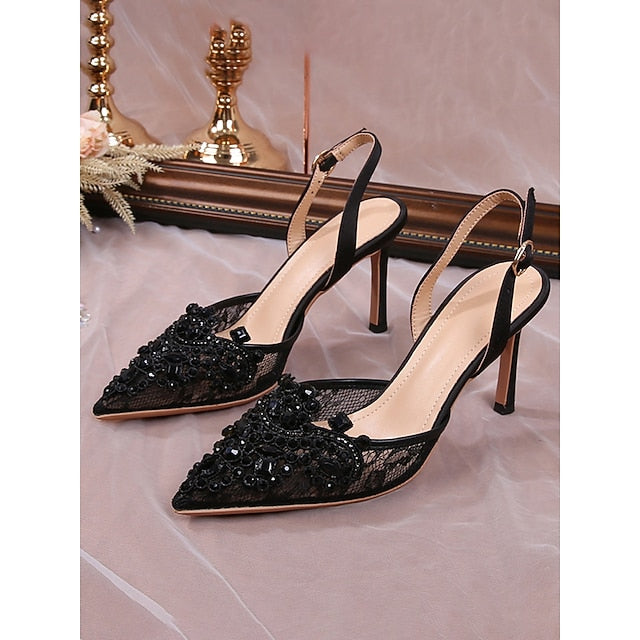 Kitten with White Pearl-Embellished Pointed-Toe Slingback Heel