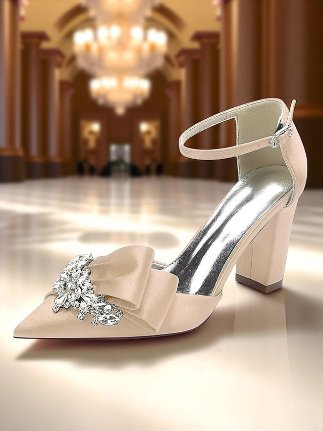 Bow Block Pumps Satin Heel and with Crystal Women's