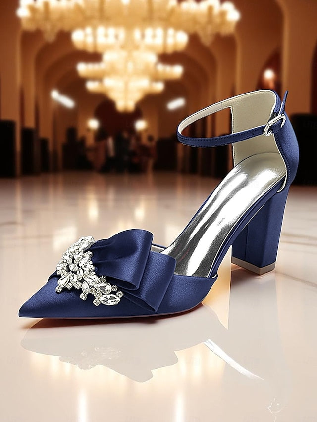 Bow Block Pumps Satin Heel and with Crystal Women's