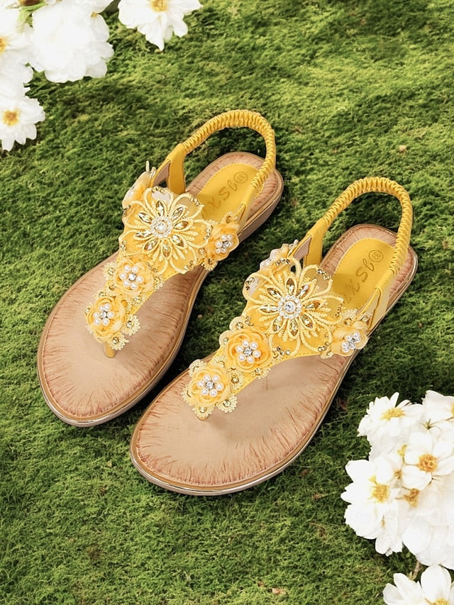 T-Strap Lace Pink Women's Sandals Floral Embellished –