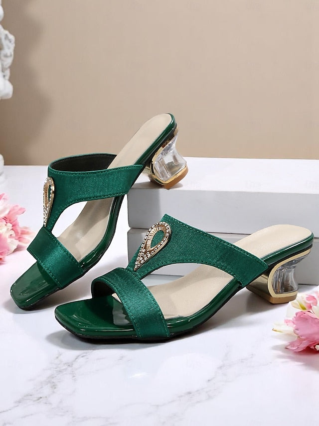 Satin Women's Sandals Slide with Green Rhinestone