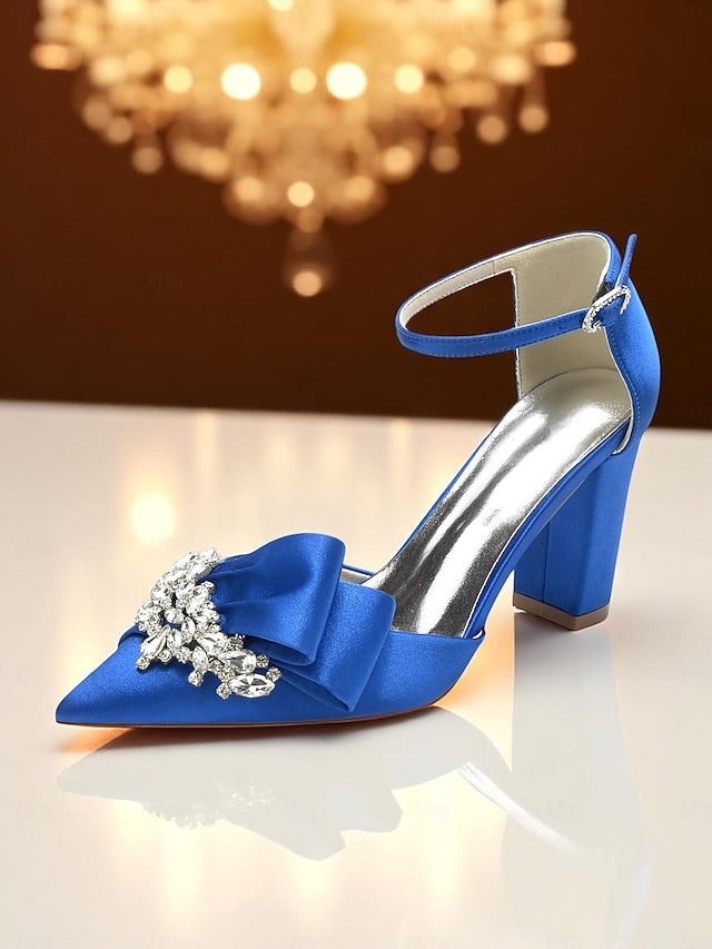Bow Block Pumps Satin Heel and with Crystal Women's