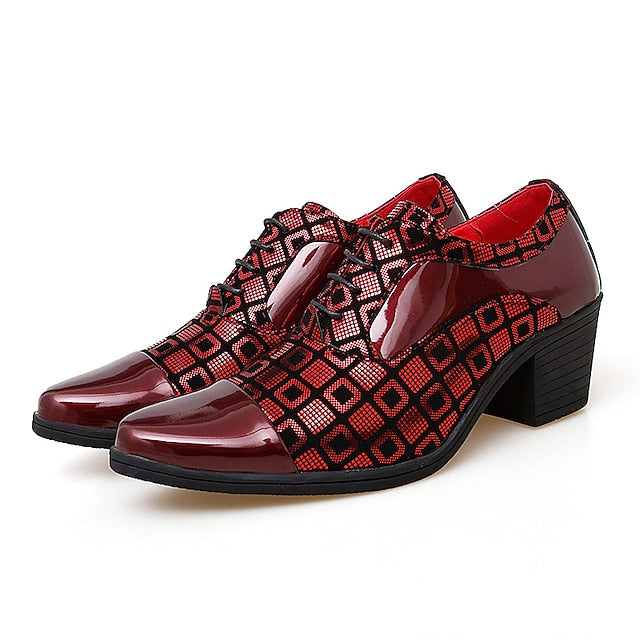 Leather Block Black Shoes Patent Men's Red Heel and Oxford