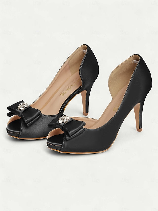 with Champagne Bow Women's and Peep Satin Heels Toe