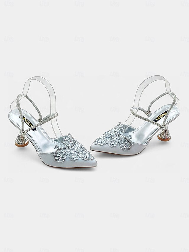 Pointed Women's Embellished Toe Gold Satin Rhinestone