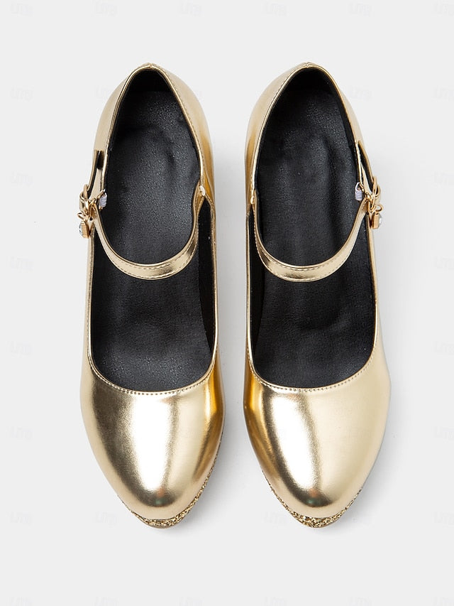 – Women's Block Heel Jane Glitter Mary Sparkly Gold Pumps