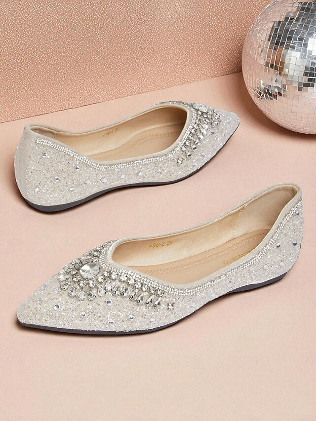 Silver Crystal Women's Pointed Flats Glitter Toe with