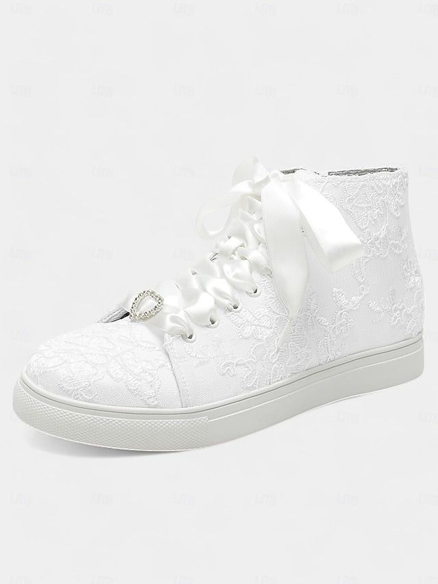 Lace Sneakers Wedding Women's Satin Laces with Ribbon Ivory