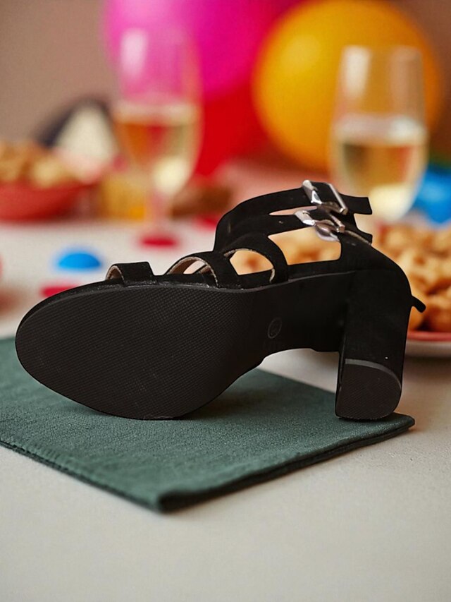 Strappy Black Women's Open Heel Suede Toe - Sandals Block