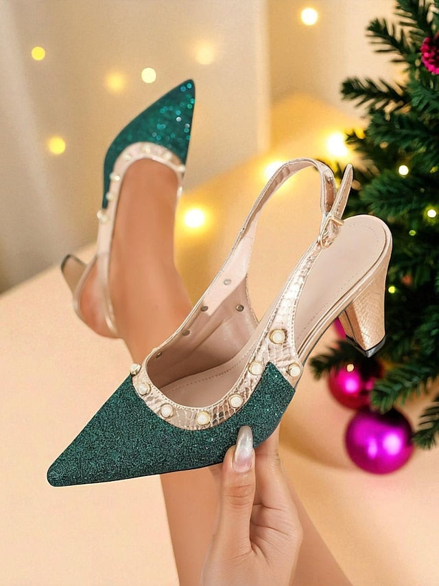 Strap Women's Heels Gold Green Glitter High Slingback with