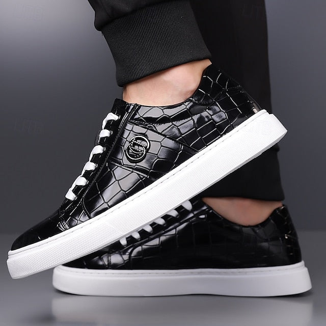 Men's Burgundy Crocodile Pattern Faux Leather Sneakers with
