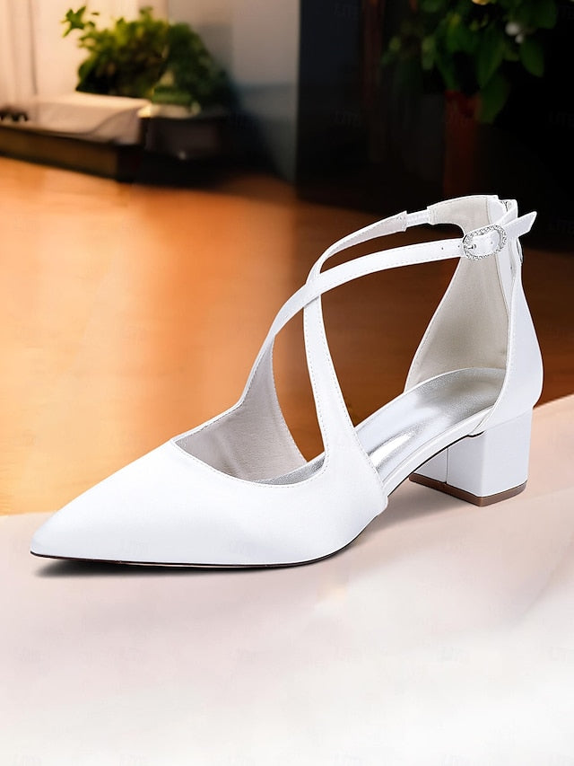 Toe Pointed Block Elegant - Satin Women's Heels Ivory