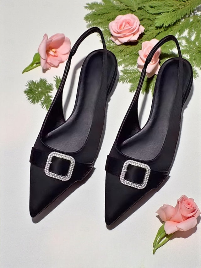 Satin Slingback with Women's Rhinestone Pink Flats Buckle