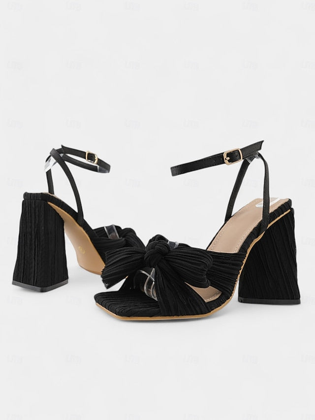 Detail and Rose Block with Heel Gold Knot Textured Sandals