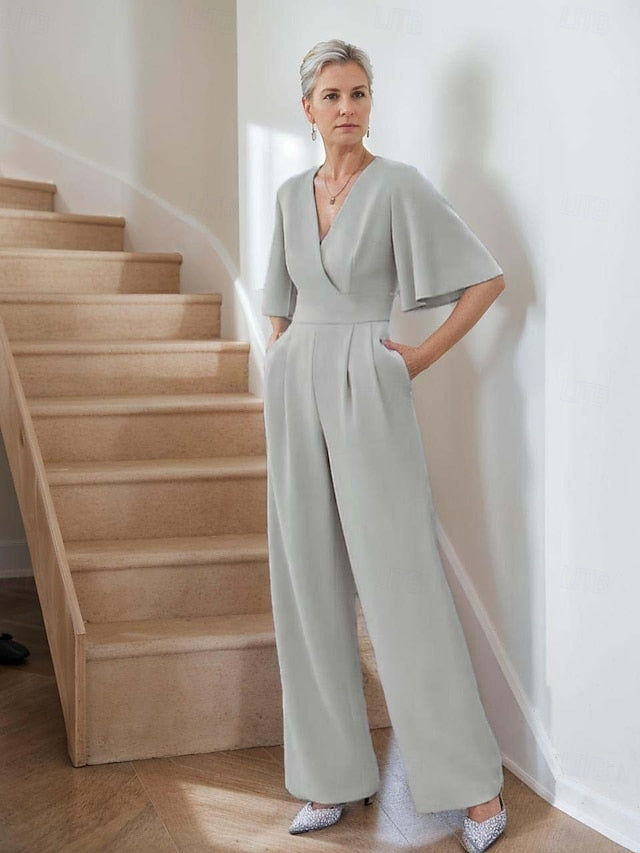 Neck Simple Mother of Bride Minimalist Elegant Jumpsuit the V