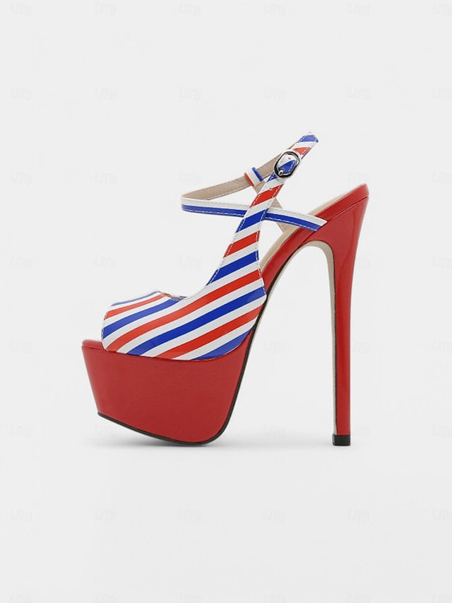 White Red and Striped Platform Stiletto Blue Women's Heels