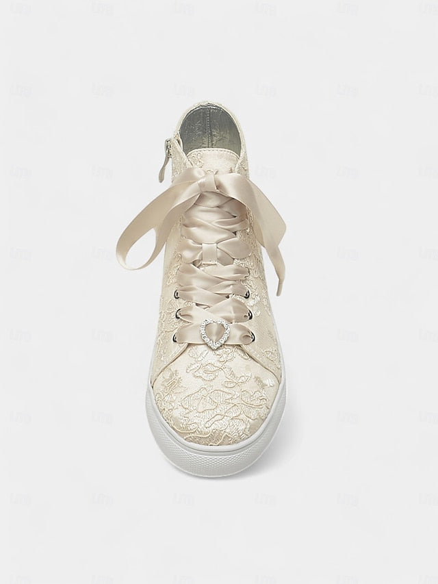 Lace Sneakers Wedding Women's Satin Laces with Ribbon Ivory