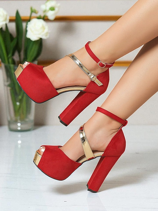 Platform Suede Red Peep Women's Sandals Toe - Block Heel