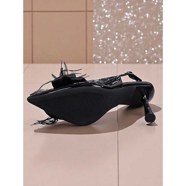 Women's Black Leather Slingback Patent Heels Feather with