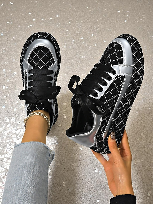 Quilted Women's Sneakers - Black Rhinestone Silver and
