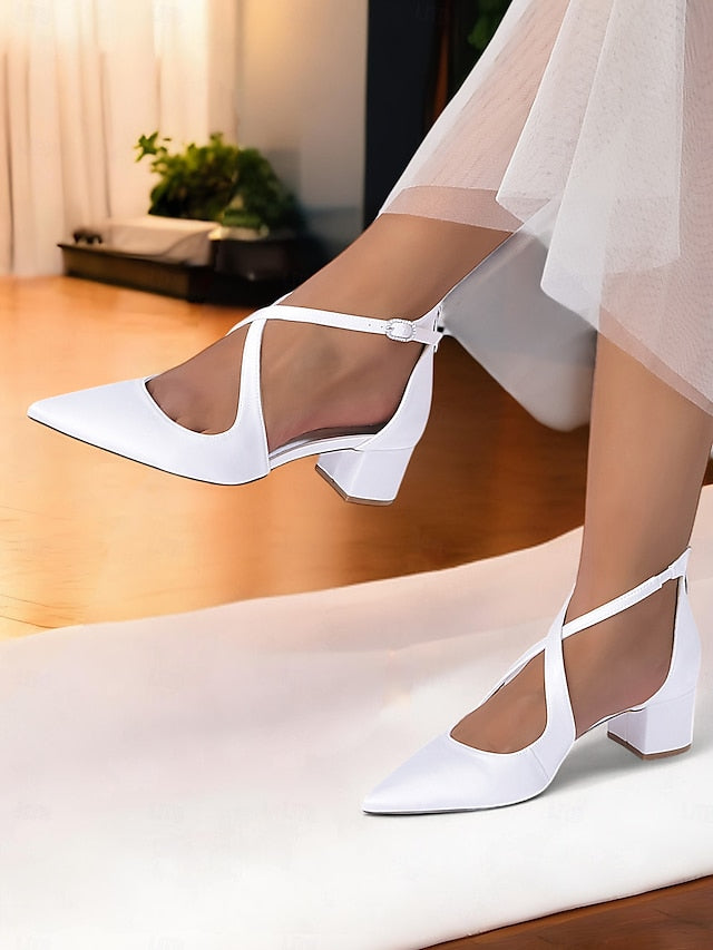 Toe Pointed Block Elegant - Satin Women's Heels Ivory
