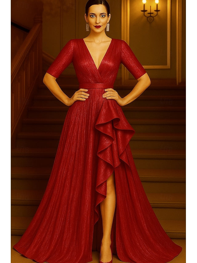 Gown Elegant Red Evening Dress Black A-Line Formal