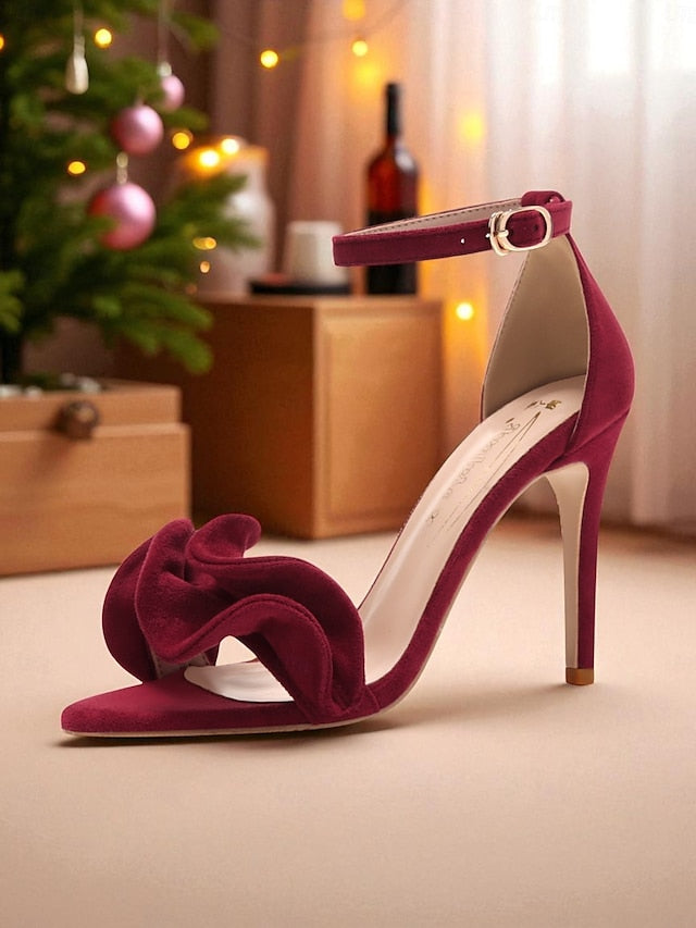 Elegant Velvet Heel Sandals High - Women's Red Strap Ankle