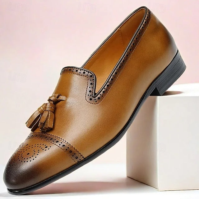 Men's Brown Leather Tassel Loafers with Brogue Detailing,