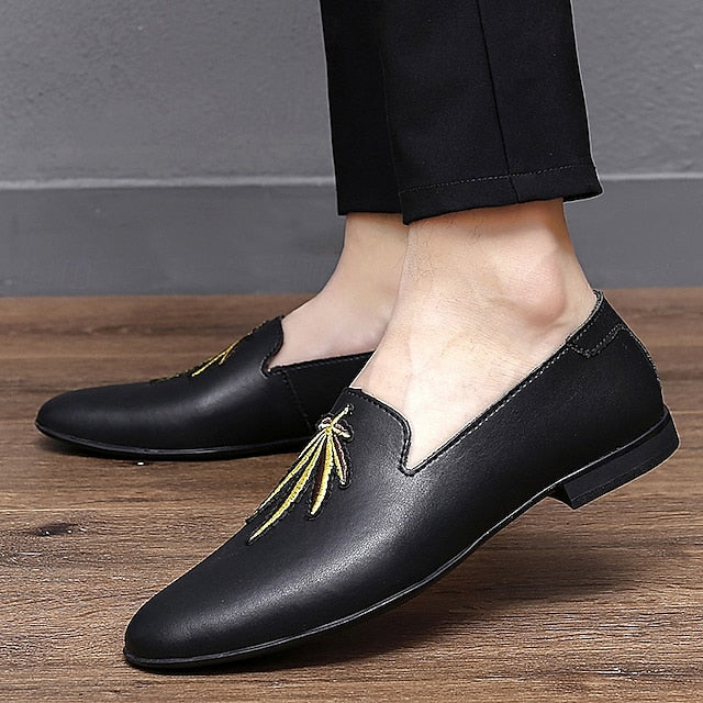 Men's Prom Shoes - White Faux Leather Loafers with Feather
