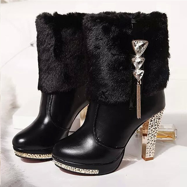 Faux Ankle Women's - White with Fur Heels Boots Rhinestone