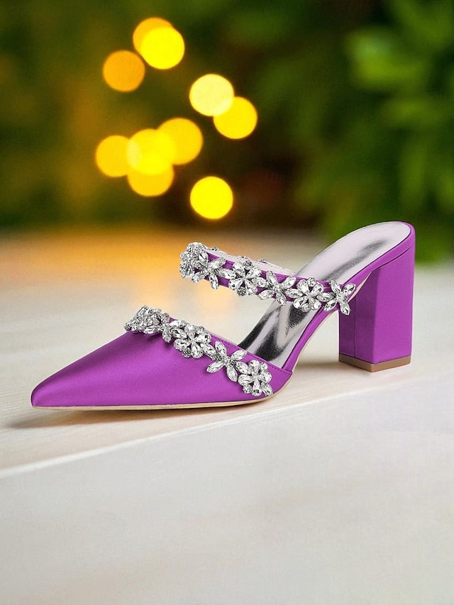 Women's Floral Satin Black Rhinestone Heel Mules Block with