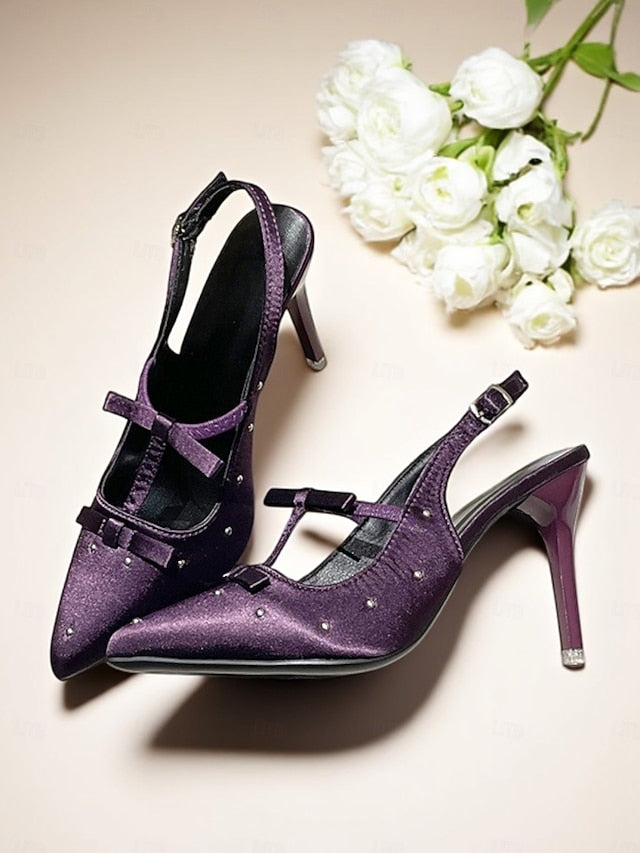 T-Strap Bows – Purple Satin Women's with and Heels Studs