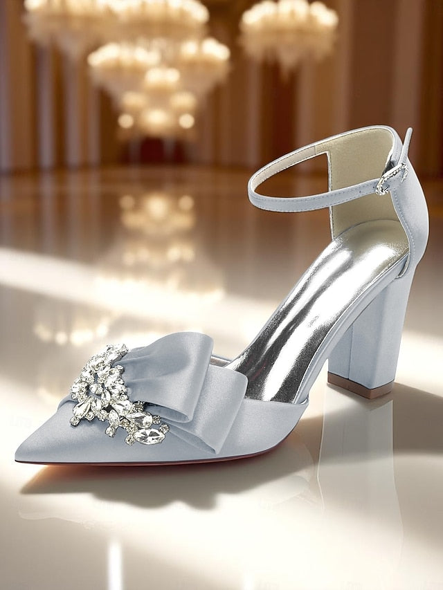 Bow Block Pumps Satin Heel and with Crystal Women's