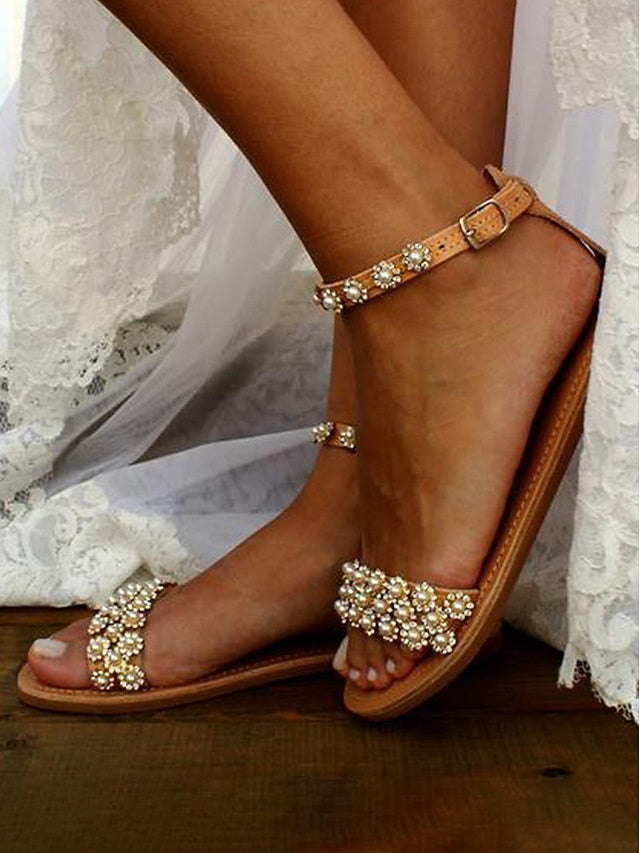 with Sandals Boho Beaded Chic Ankle for Floral Straps Flat