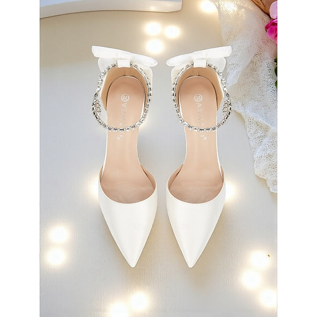 Ivory Pointed Satin Bow Toe with Heels Women's and Stiletto