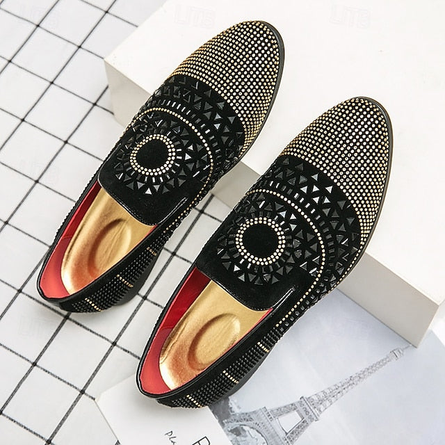 Men's Prom Shoes - Black Studded Velvet Loafers with Spiral